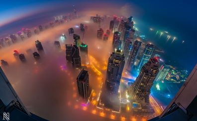 Dubai aerial view smog fog colorful