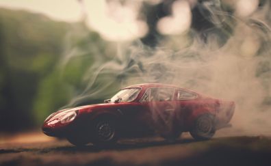Smoke, red sports car, toy, figure, miniature