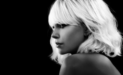 Charlize Theron, face, monochrome