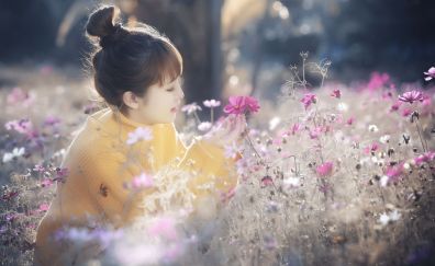 Meadow, pink flowers, Asian model