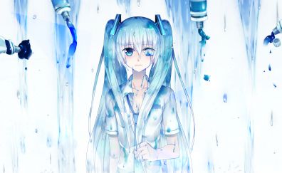 Hatsune Miku, anime girl, white shirt, colors showers