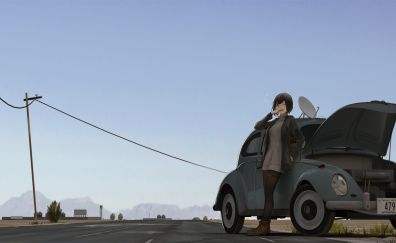 Road, anime girl, car, outdoor, original