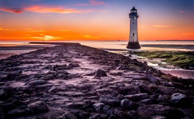 Sunset, lighthouse, rocks, coast