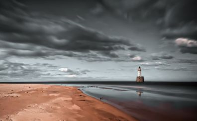 Lighthouse, coast, sea, clouds