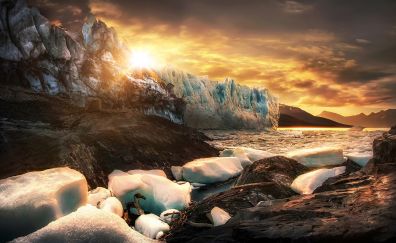 Sunset, glacier, snow, rocks, nature