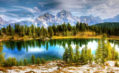 Dolomites, mountains, lake, nature, forest