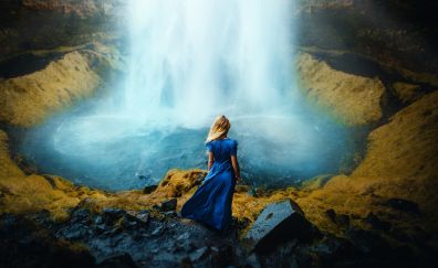 Waterfall, blonde, girl model, outdoor