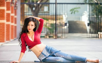 Hot Asian model, brunette, jeans