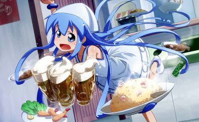Food, serve, anime girl, Ika Musume, blue long hair