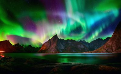 Beautiful, colorful Northern lights, Aurora Borealis, night