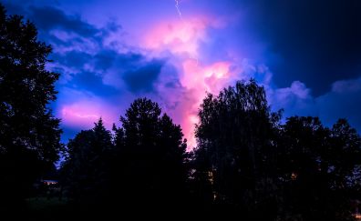 Clouds, lightning, trees, nature, 4k