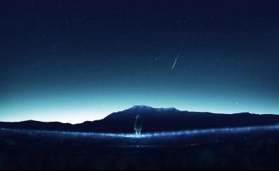 Night, sky, landscape, anime girl, original