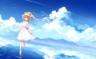 Walk on water, cute anime girl, clouds