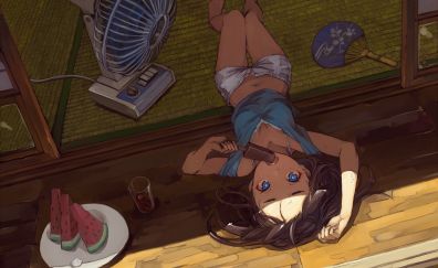 Summer, eating, candy, original, anime girl