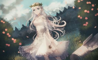 White hairs, anime girl, flower crown, outdoor