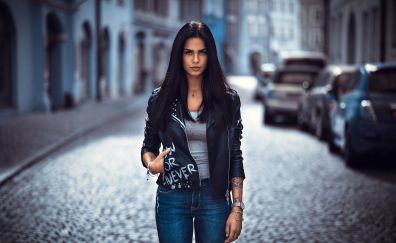 Streets, portrait, girl model, long hair, leather jacket