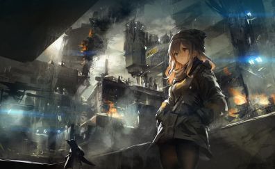 City, destruction, anime girl, art