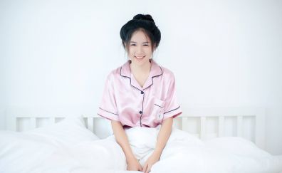 Cute, smile, asian, girl model, bed