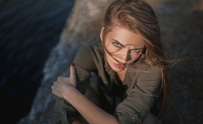 Blue eyes, sitting, stare, sea shore