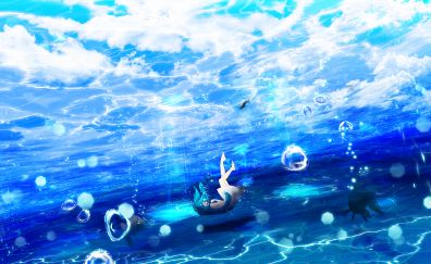 Underwater, dive, anime girl, blue hair, original