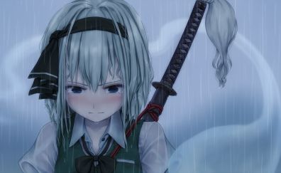 Rain, Youmu Konpaku, Touhou, anime girl, katana