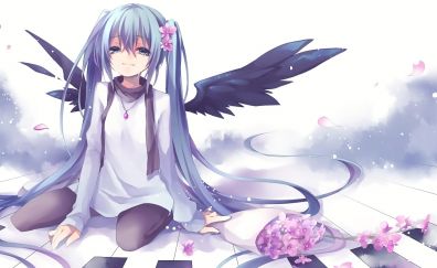 Hatsune miku, wings, cute, flowers