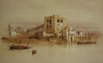 Egypt, fort, castle, river, ship, artwork