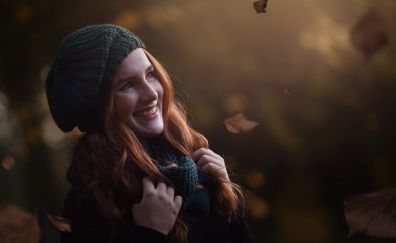 Red head, smiling face, outdoor, fall