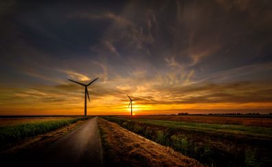 Road, sky, sunset, windmills, landscape