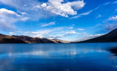 Lake, mountains, reflections, sunny day, nature, blue sky, clouds, 5k