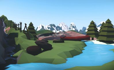 Low poly, nature, mountains, river, tree