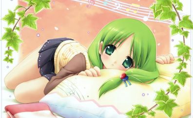 Otokawa Sayo, green hair, anime girl, lying down, cute