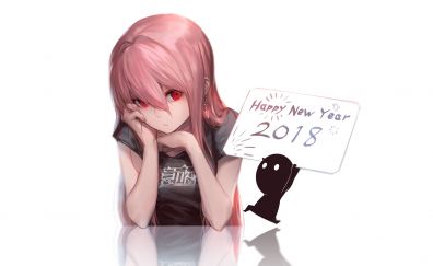 Red eyes, anime girl, sad, happy new year, 2018