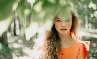 Girl model, outdoor, leaves, orange dress