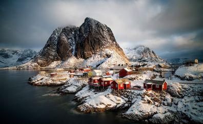 Norway, city, cliff, lake, winter