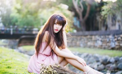 Red lips, Asian model, outdoor