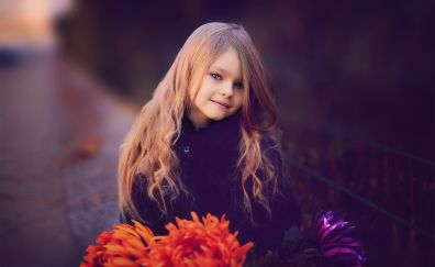 Cute, child girl, flowers