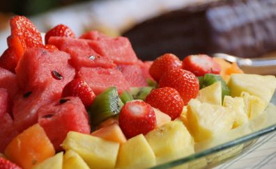 Fruit salad of watermelon, kiwi, strawberry, pineapple