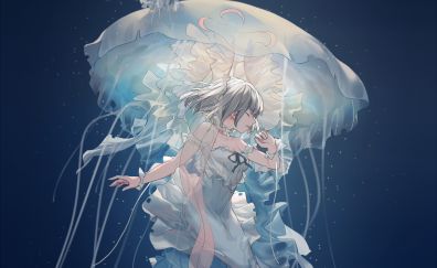 Underwater, anime girl, close eyes, jellyfish