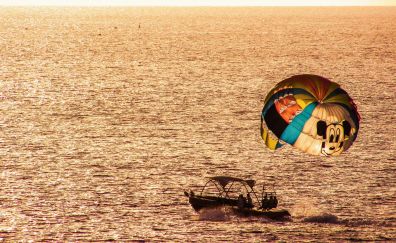 Parasailing, paragliding, boat, sea, and sunset