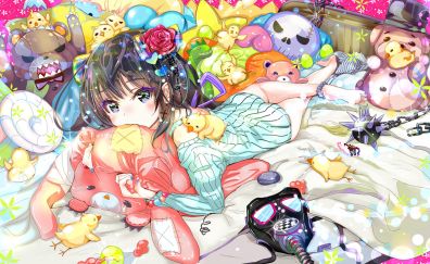 Toys, anime girl, cute, lying down
