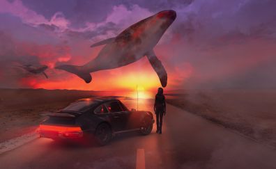 Woman, car and whale, fantasy, art