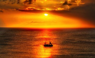 Caribbean, sea, sunset, sailing ship