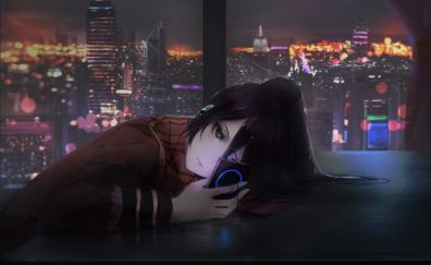 Anime girl, listening songs, night