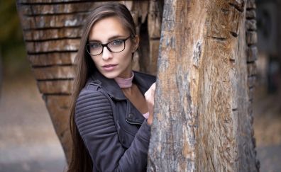 Behind the tree, girl model, glasses