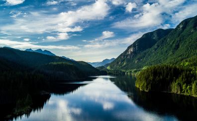 Lake, mountains, summer, reflections, nature, clouds