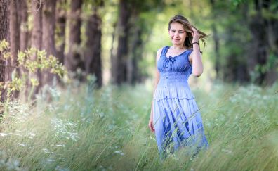 Young, girl, outdoor, blue dress, smile