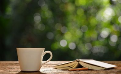 Coffee cup, book, bokeh, 4k