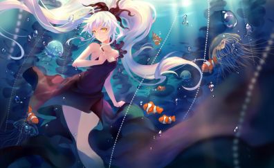 White hair, yellow eyes, anime girl, underwater