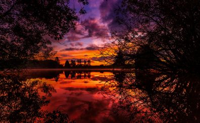 Sunrise, lake, trees, reflections, 5k